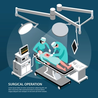 Isometric surgeon doctor background with composition of text and people performing surgical operation with modern equipment vector illustration