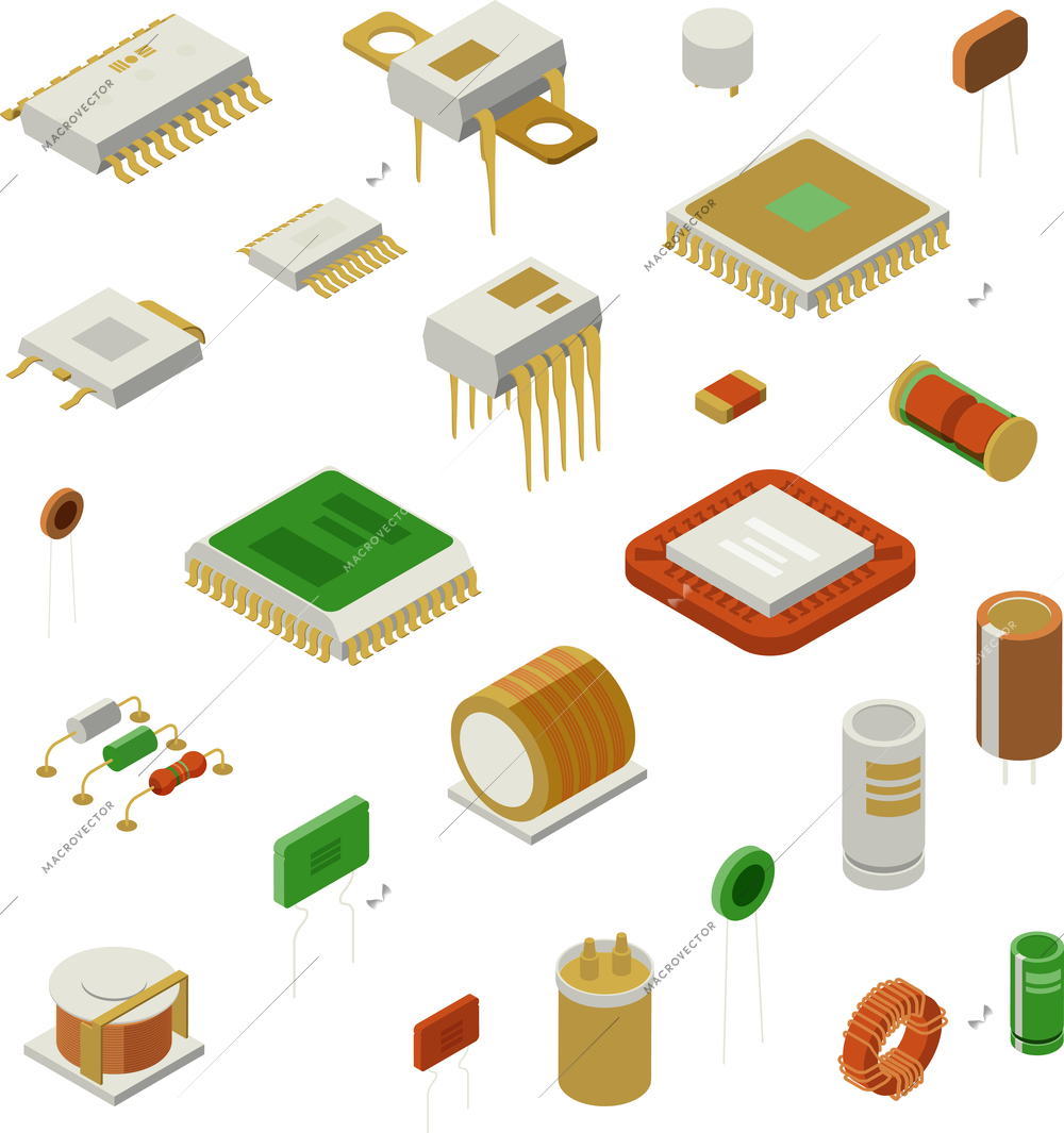 Semiconductor element set with production symbols isometric isolated vector illustration