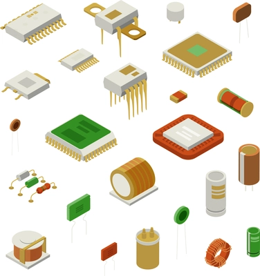 Semiconductor element set with production symbols isometric isolated vector illustration