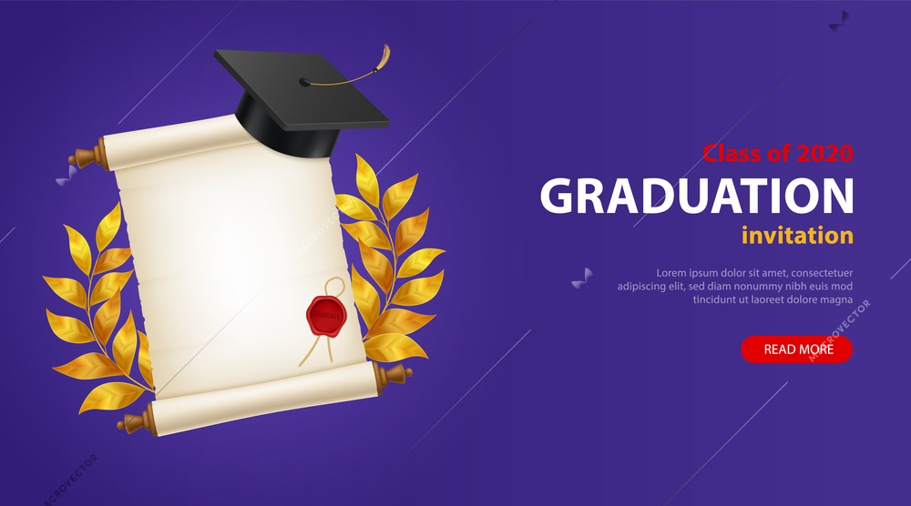 Horizontal invitation banner with graduation cap crown of laurels scroll realistic vector illustration