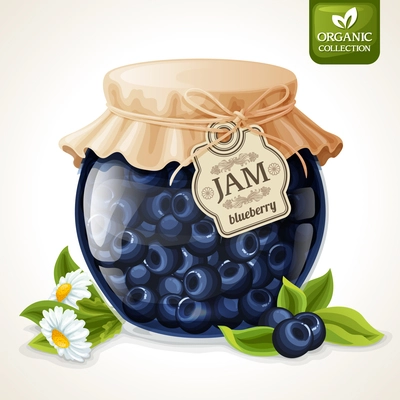 Natural organic homemade forest blueberry jam in glass with tag and paper cover vector illustration