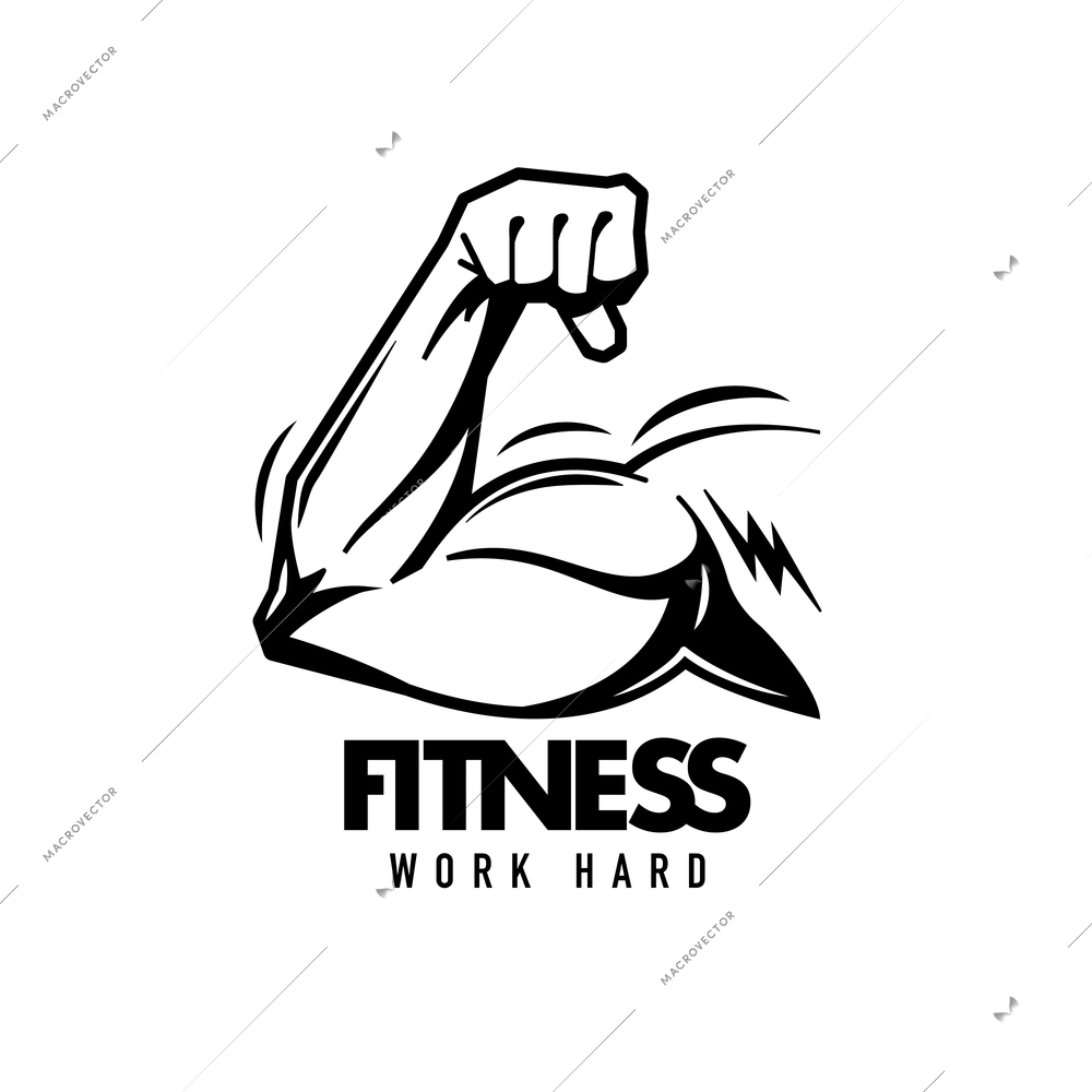 Fitness hand drawn black emblem with strong bodybuilder flexing hand isolated on white background vector illustration