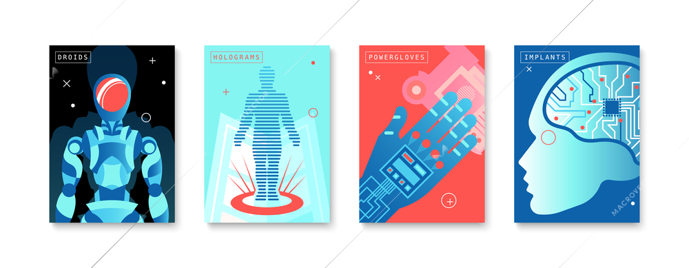 Future technologies four vertical posters with  droids holograms virtual reality gloves chip implants flat color compositions  isolated vector illustration