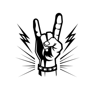Black and white hand rock and roll composition with hand of fun of rock group vector illustration