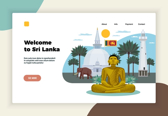 Sri lanka tourism concept landing page horizontal banner with meditation retreat statue elephant temple flag vector illustration