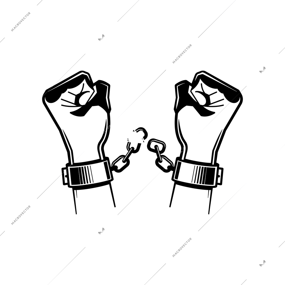 Black and white hand chain composition with hands of the prisoner breaking the chain vector illustration