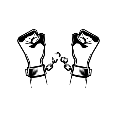 Black and white hand chain composition with hands of the prisoner breaking the chain vector illustration