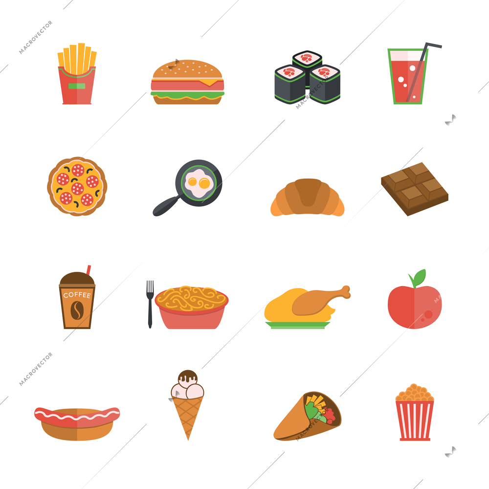 Fast junk food icons flat set of french fries hamburger sushi soda drink isolated vector illustration