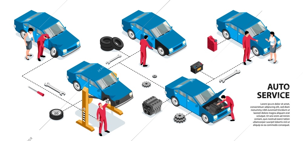 Isometric auto repair infographics with images of car parts human characters of workers and editable text vector illustration