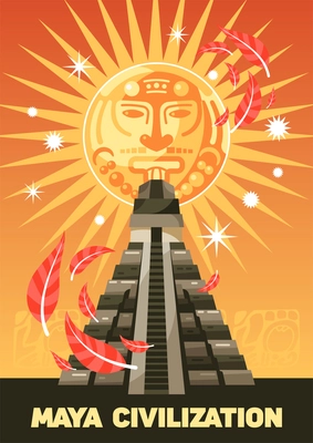 Maya civilization vertical poster with kukulkan ancient pyramid on beige background with stylized maya sun symbol cartoon vector illustration