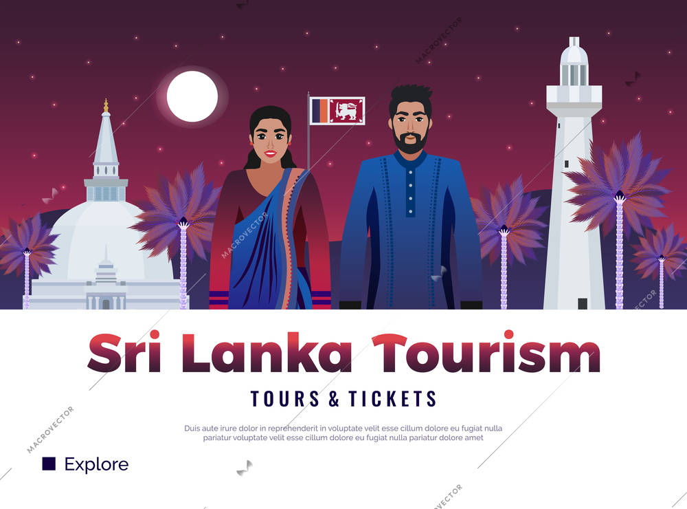 Sri lanka tourism tour packages tickets travel guide monuments culture sightseeing advertising exotic background poster vector illustration
