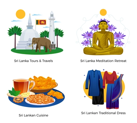 Sri lanka tours travel attractions landmarks culture 4 national cuisine clothing resorts flat compositions isolated vector illustration