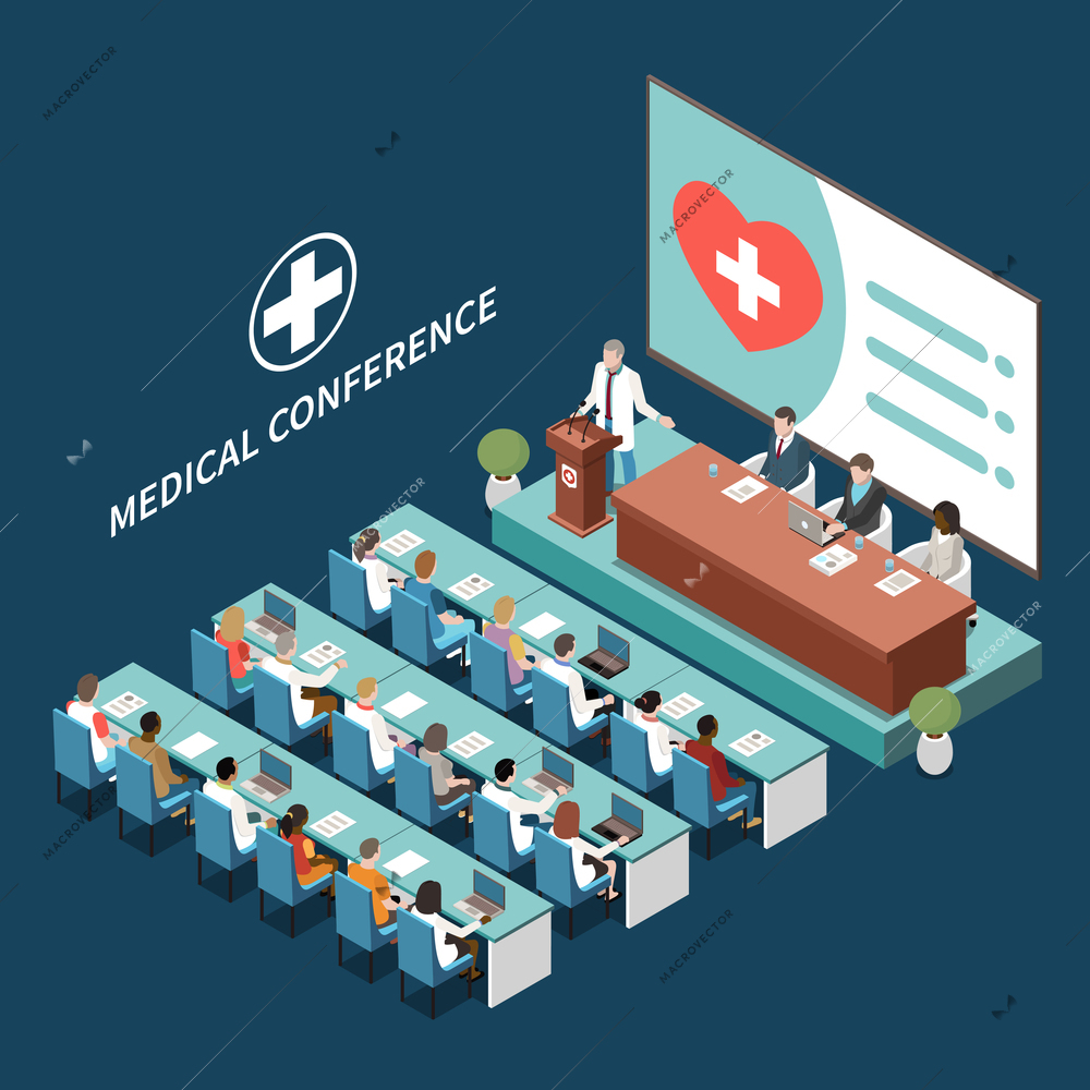 Medical conference hall interior isometric composition wit speaker and meeting organizers on podium participants background vector illustration