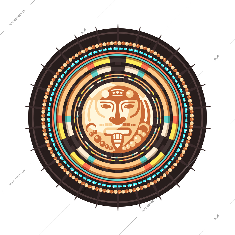 Maya civilization round emblem symbolizing spiritual ritual ethnic symbol of god isolated on white background cartoon vector illustration