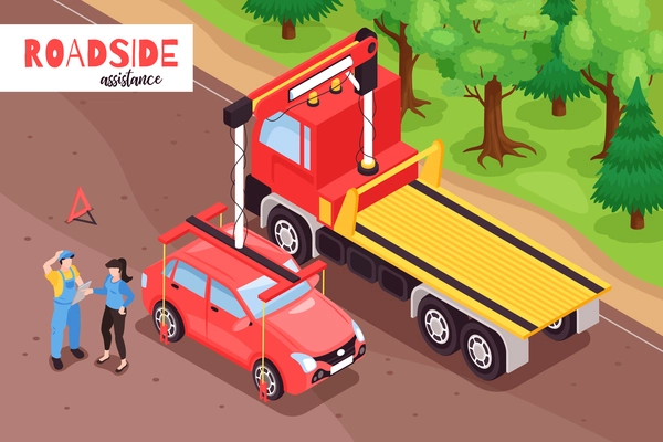 Isometric tow truck composition with outdoor scenery of car being loaded on lorry vehicle with text vector illustration