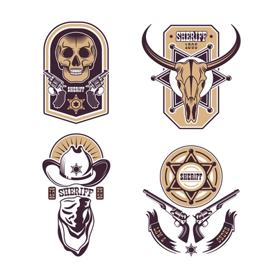 Cowboy emblems set with four different elements and skull serif in retro style vector illustration