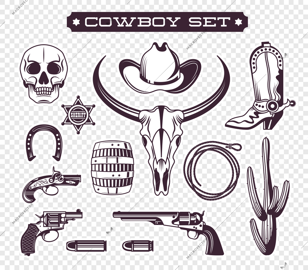 Cowboy icon set with black color isolated western symbols on transparent background vector illustration