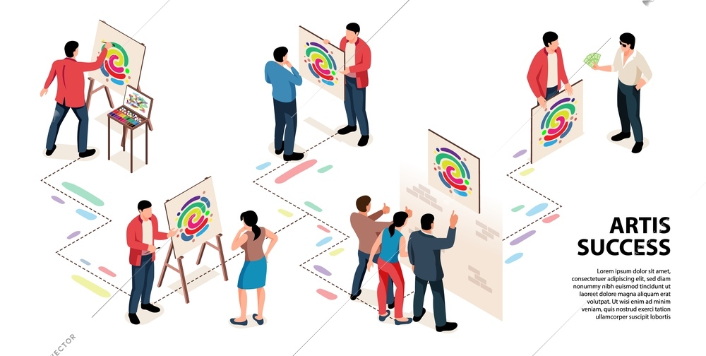 Isometric exhibition gallery infographics with editable text and flowchart composition with paintings and groups of people vector illustration