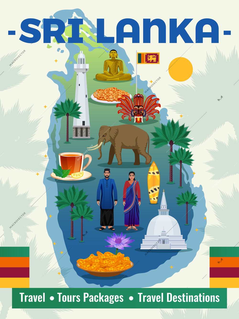 Sri Lanka tours packages travel agency guide advertising poster with map landmarks sightseeing monuments tourists attractions vector illustration