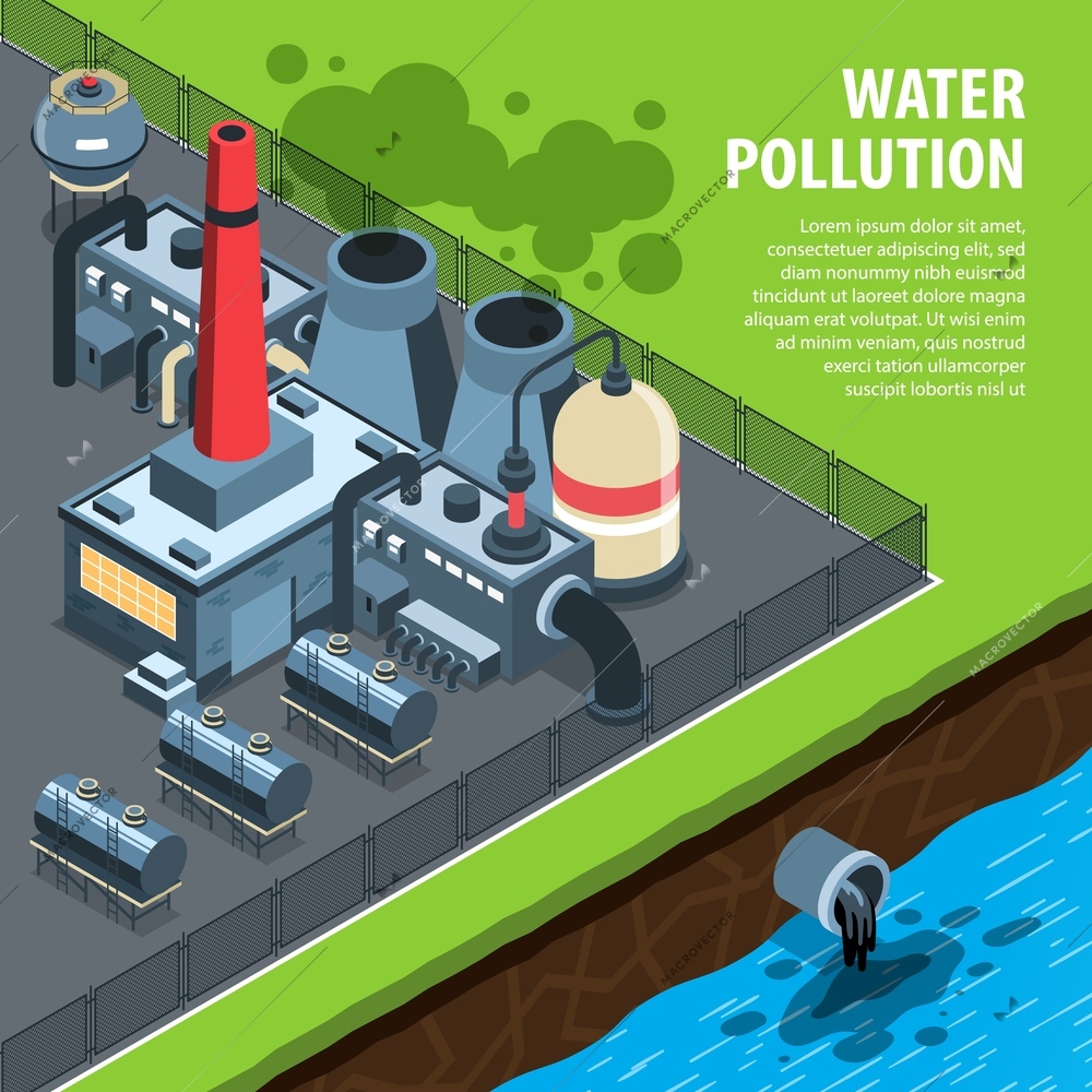 Isometric environmental pollution background with text and view of toxic factory dropping waste water into river vector illustration