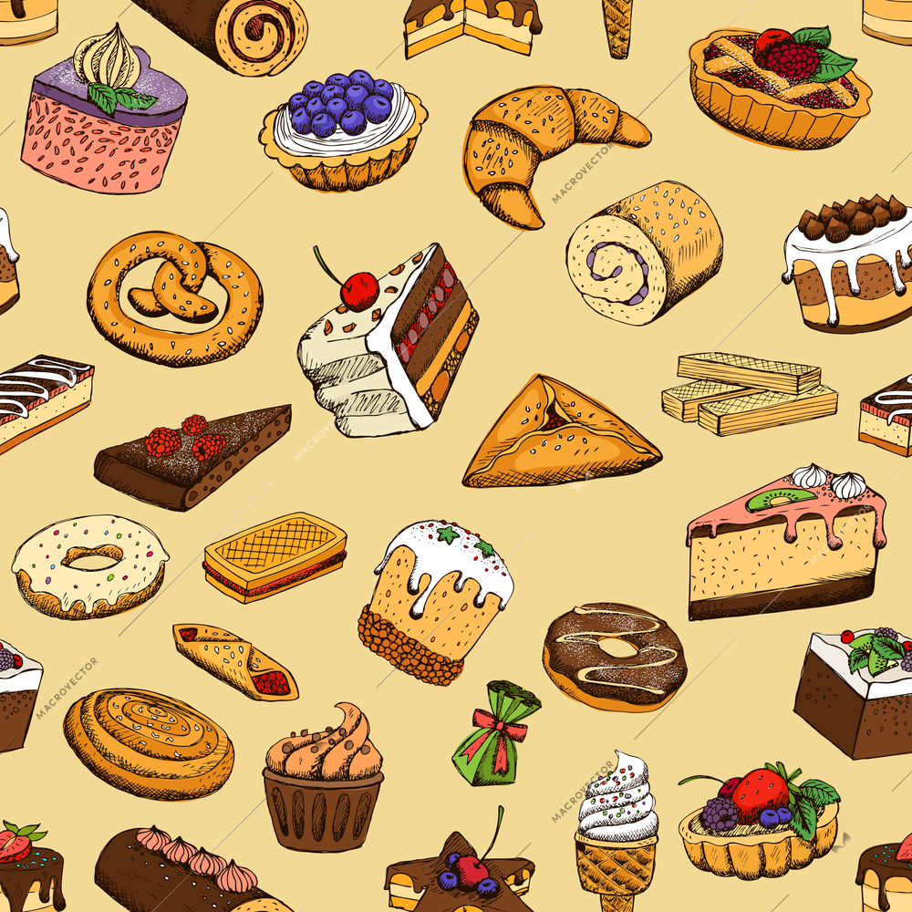 Seamless sweet pastries food vector illustration pattern