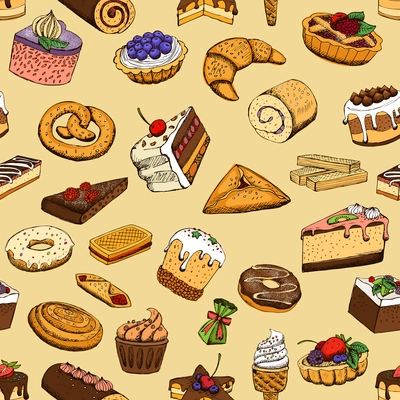 Seamless sweet pastries food vector illustration pattern