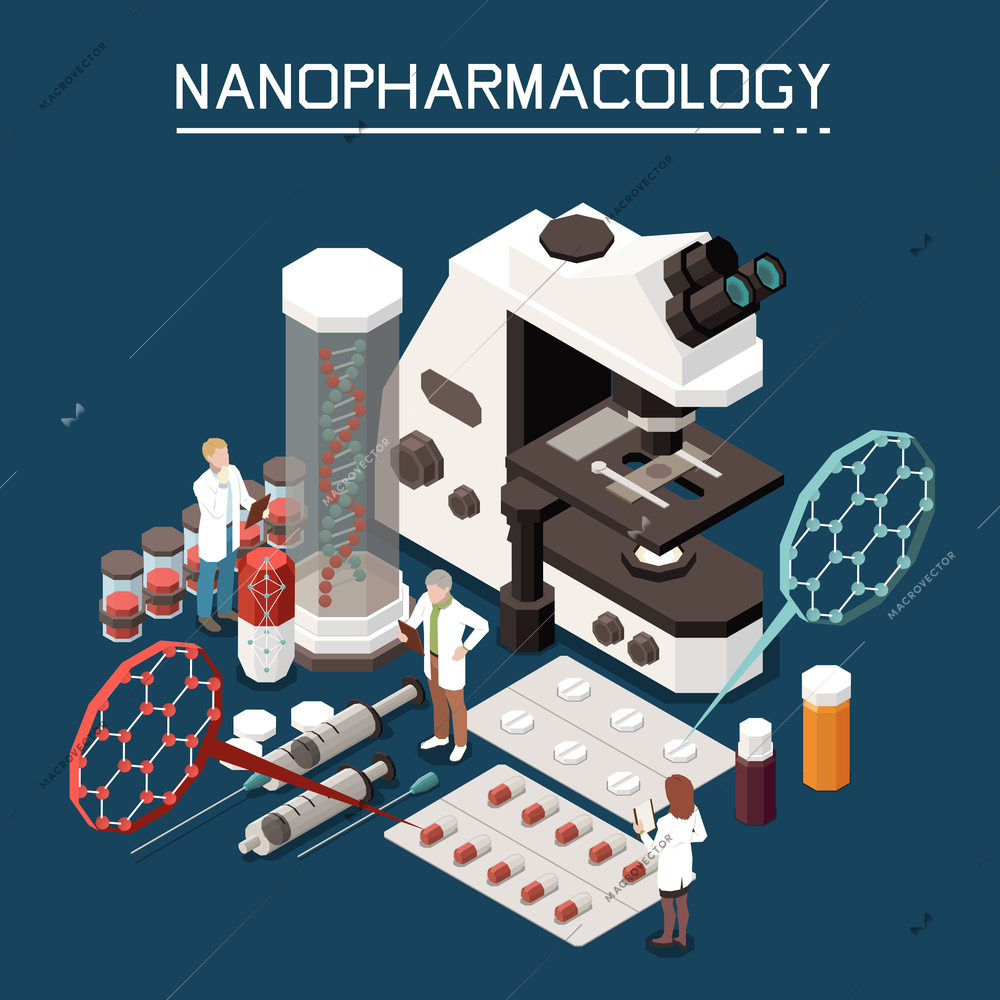 Nanotechnology in pharmacology isometric composition with electronic microscope nanopharmacology packaging pills drugs in nanoparticles background vector illustration