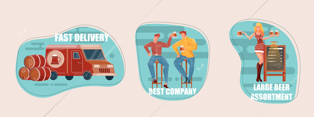 Set of three flat compositions with people drinking beer in pub and delivery transport isolated vector illustration