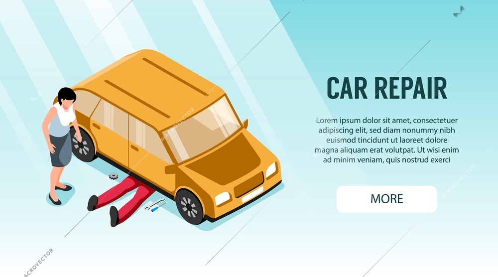 Isometric auto repair horizontal banner with clickable button editable text and character of worker under car vector illustration