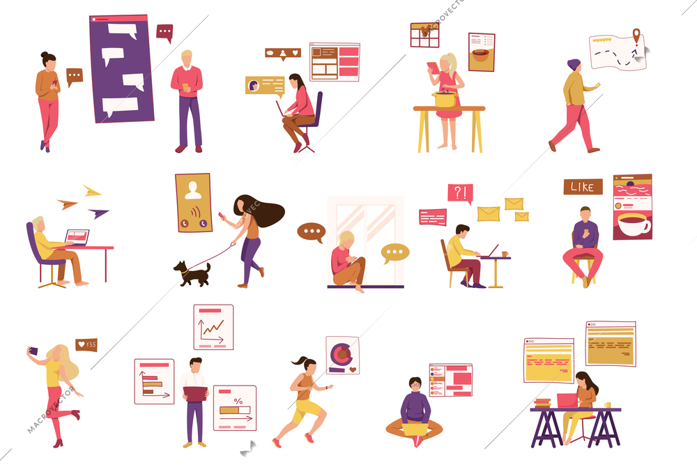 People and gadgets recolor icons set with virtual online communication symbols flat isolated vector illustration