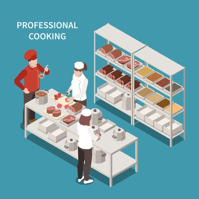 Commercial kitchen food preparation area with professional cooking staff and chef tasting soup isometric composition vector illustration