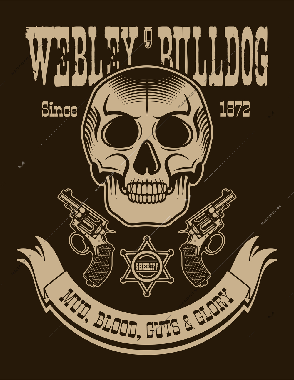 Texas cowboy vertical poster with Webley bulldog mud blood guts and glory headline vector illustration
