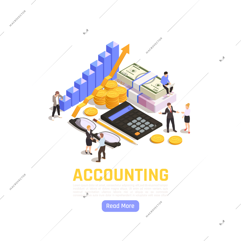 Accounting isometric illustration with business people auditors and finance icons vector illustration