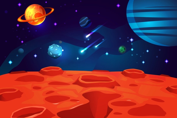Space colorful cartoon game background with red planet surface night sky sparkling stars and asteroids vector illustration