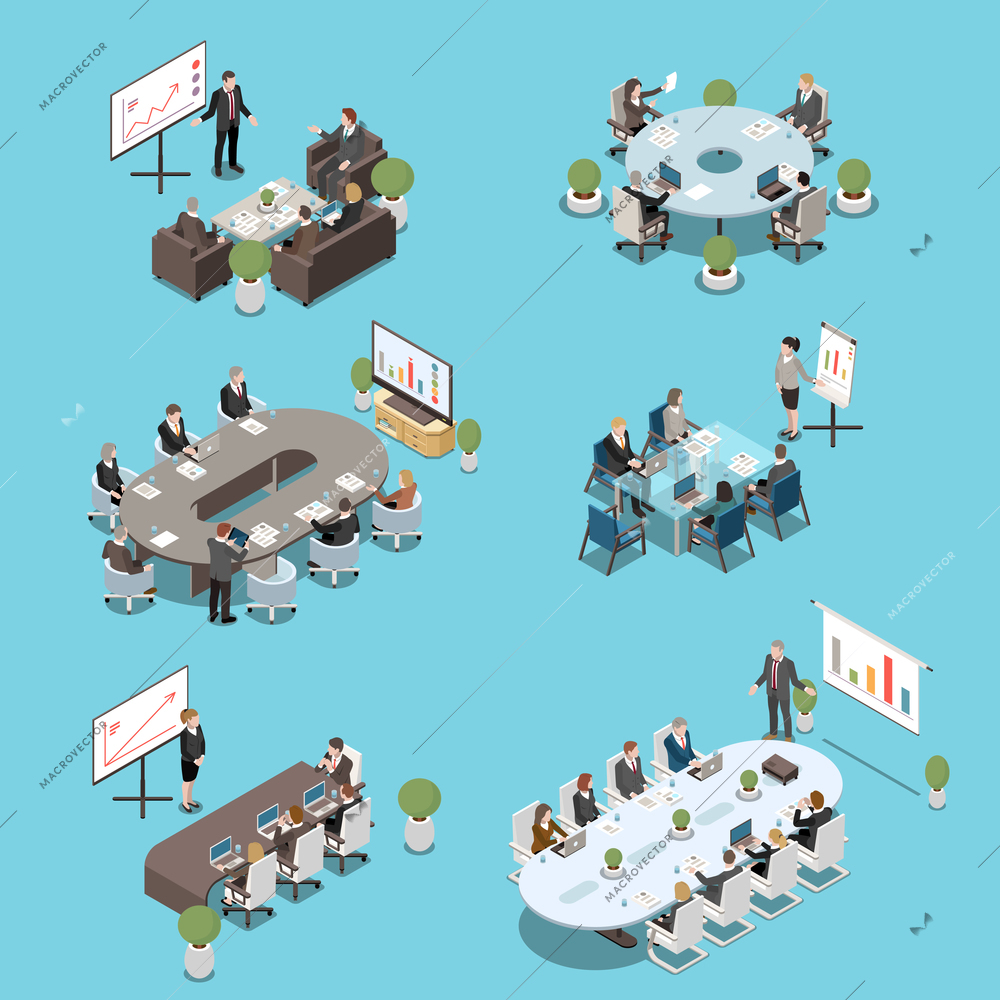 Modern conference meeting room elements isometric set with boardroom tables participants white board presentations isolated vector illustration