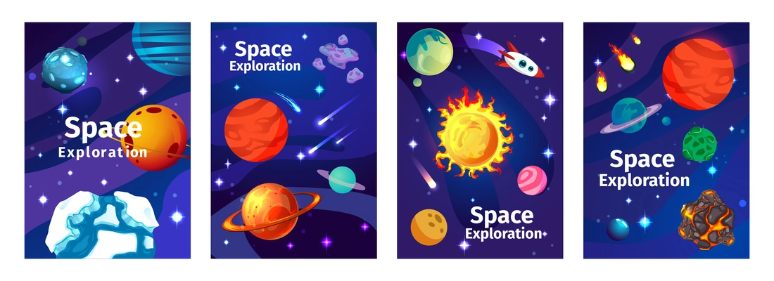 Space exploration game cards with rockets  flying between solar system celestial bodies cartoon vector illustration