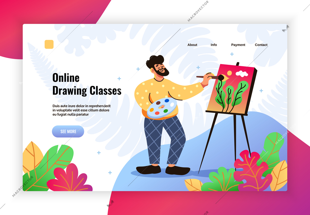 Hobbies online drawing classes flat colorful landing page banner with easel painting man in lounge wear vector illustration