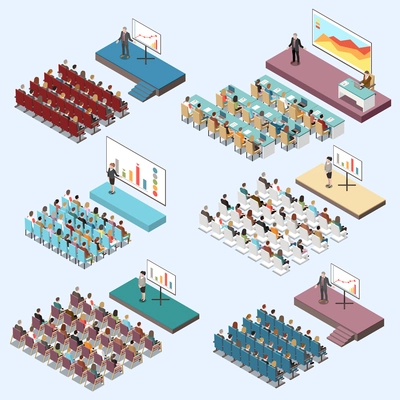 Conference hall white board digital lcd screen presentations on podium participants audience isometric set isolated vector illustration