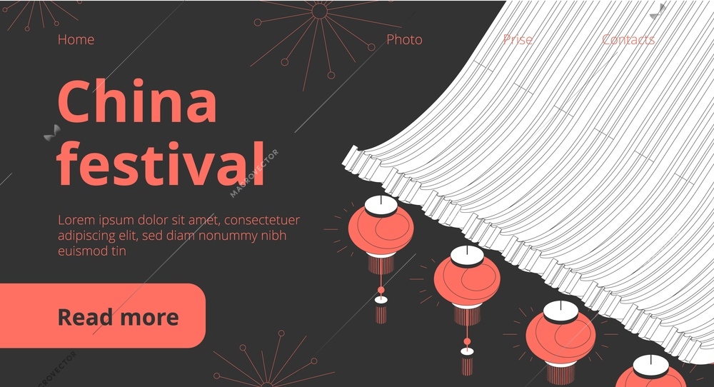 Chinese festival public holiday events schedule traditions announcements black isometric web page with red lanterns vector illustration