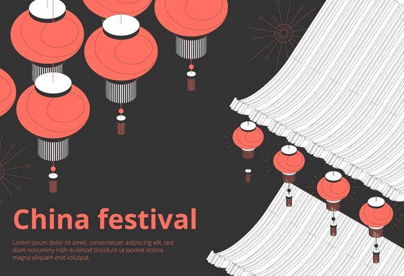 Chinese festival public holiday events invitation schedule announcements black background isometric banner with red lanterns vector illustration