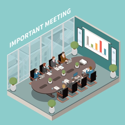 Important business results presentation  meeting room interior isometric composition with oval boardroom table  participants charts vector illustration