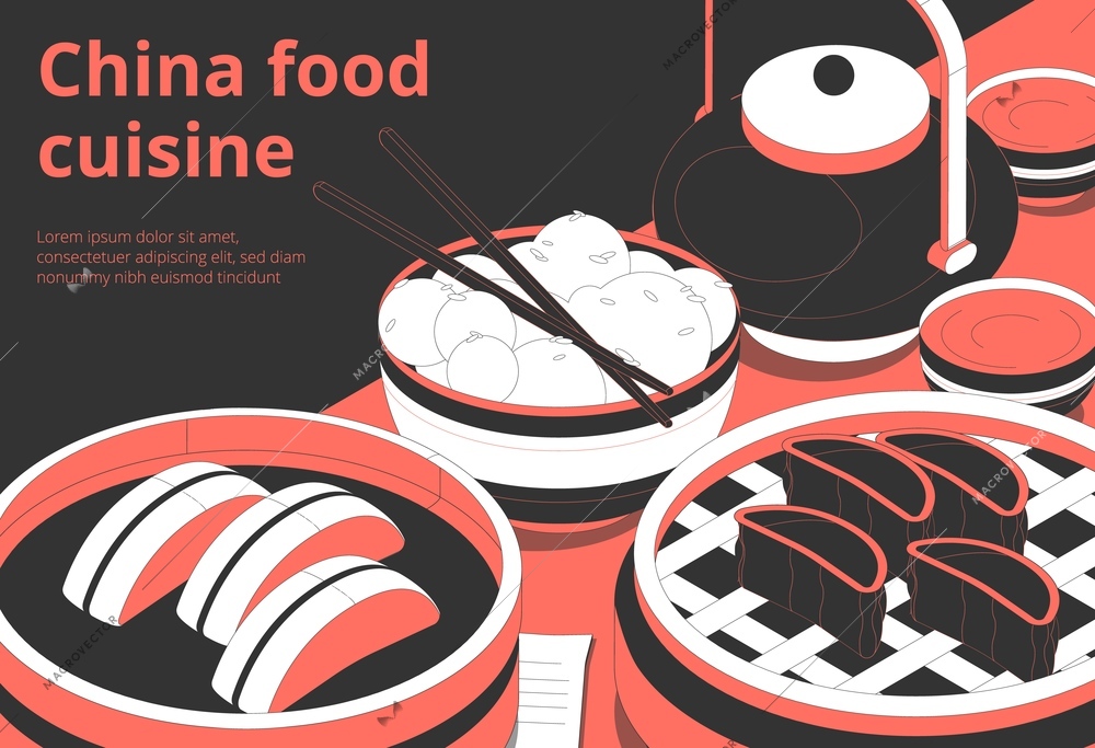 Chinese cuisine popular dishes closeup isometric advertising banner with tea  spring rolls steamed dumplings wontons vector illustration