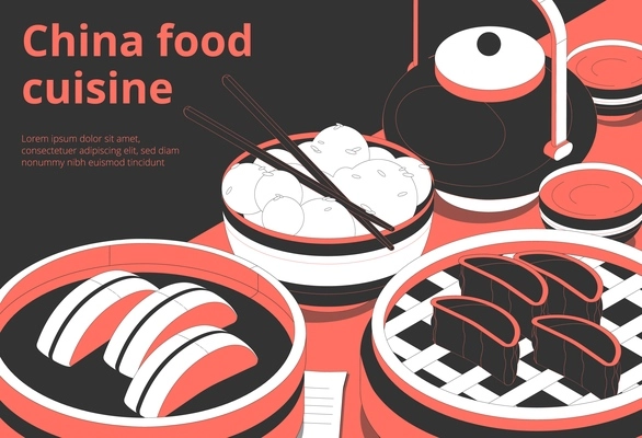 Chinese cuisine popular dishes closeup isometric advertising banner with tea  spring rolls steamed dumplings wontons vector illustration