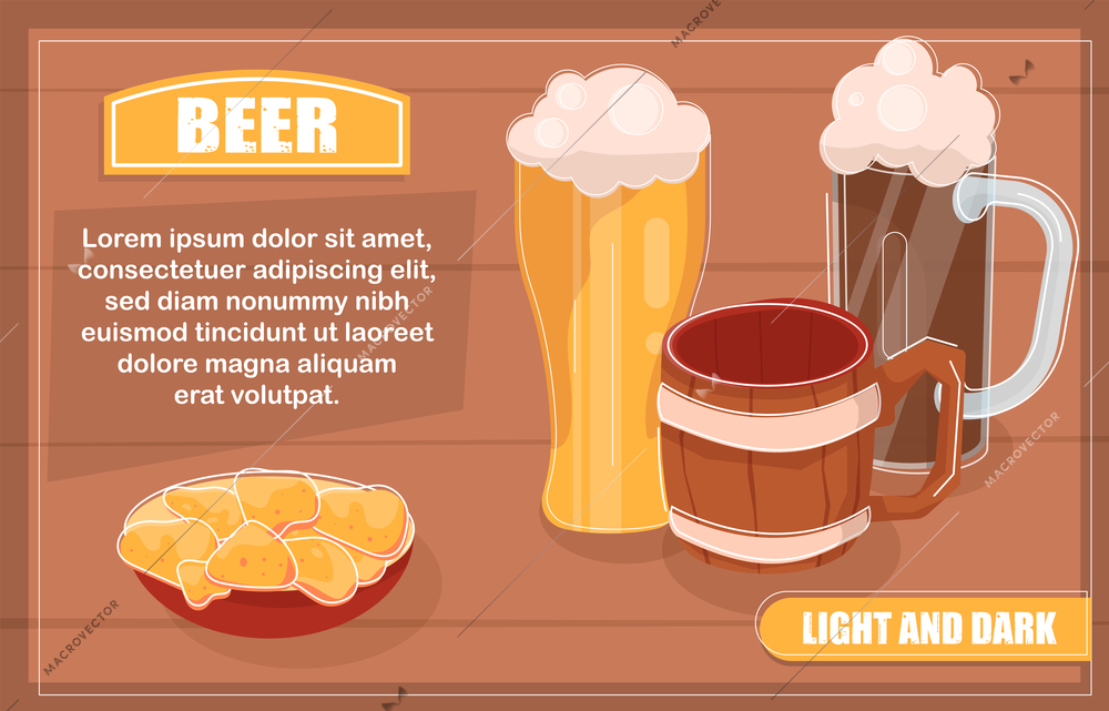 Flat banner with glasses of light and dark beer and snack vector illustration