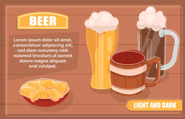 Flat banner with glasses of light and dark beer and snack vector illustration