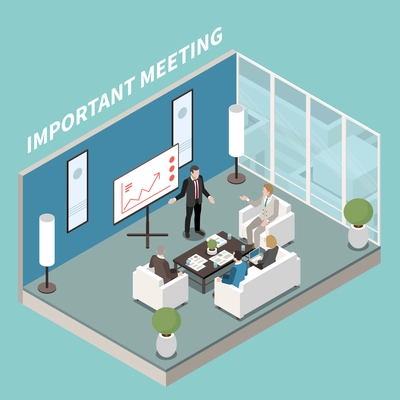 Small meeting room modern office design isometric composition with white board presentation coffee table discussion vector illustration