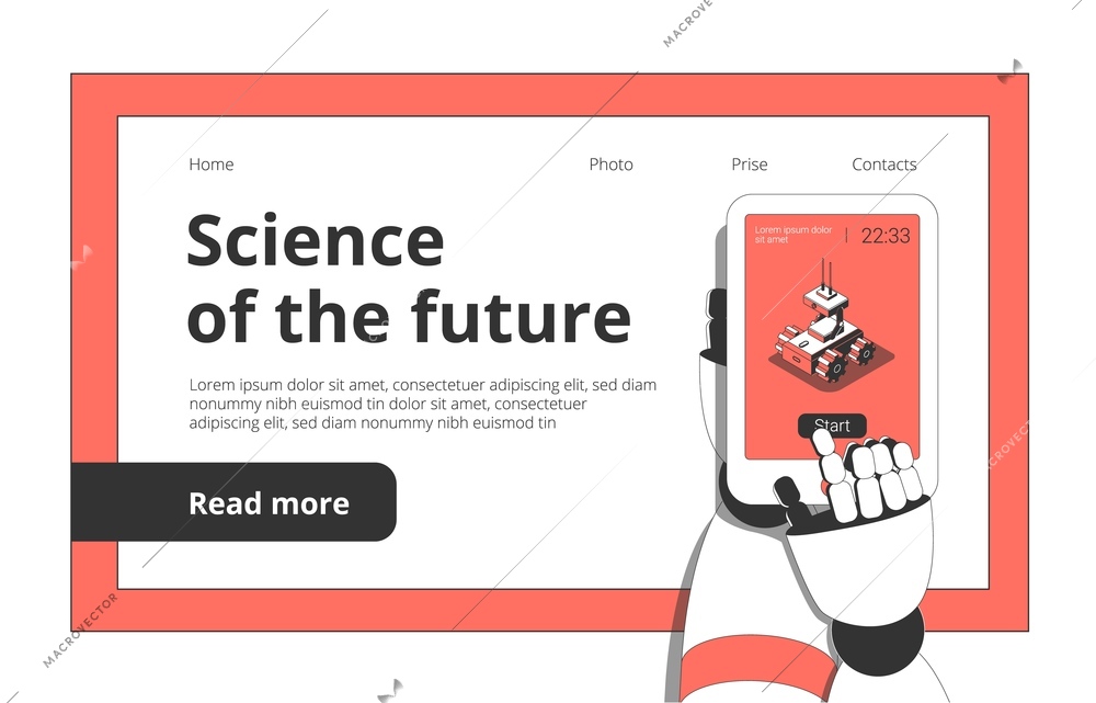 Science technology future isometric landing page with humanoid robot hands holding smartphone for remote controlling vector illustration