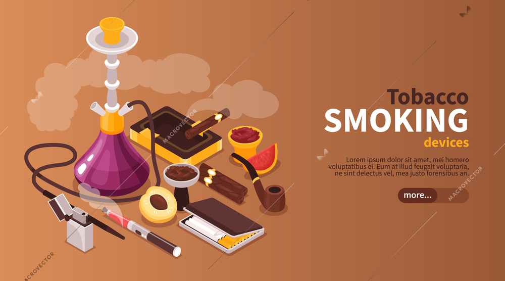 Isometric hookah tobakko smoke horizontal banner with editable text button and images of products containing nicotine vector illustration