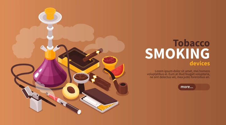 Isometric hookah tobakko smoke horizontal banner with editable text button and images of products containing nicotine vector illustration