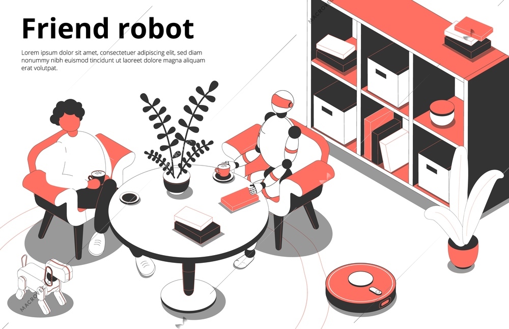 Having coffee at home with humanoid robot companion friend intelligent electronic toys pets isometric composition vector illustration